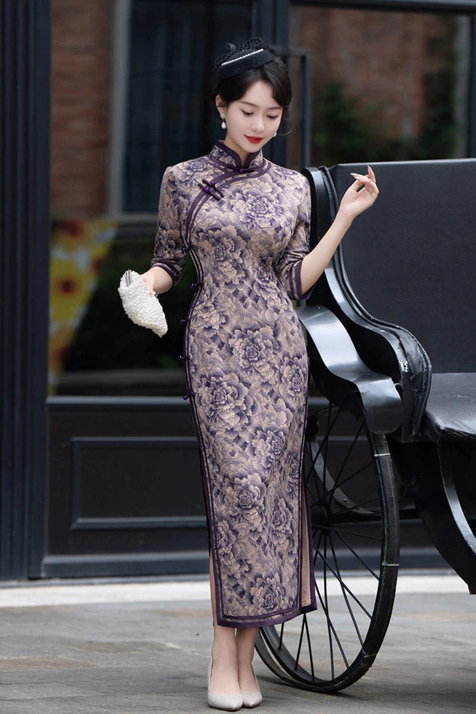 Purple long-sleeve peony qipao dress with fitted silhouette and floral print