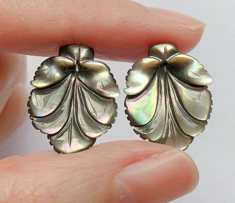 Mother-of-pearl lily flower drop earrings, iridescent shell petals, pair