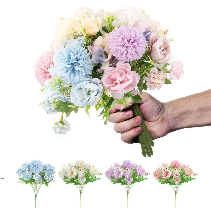 Artificial 9-head peony flower bouquet, pastel pink, blue, and lavender blooms