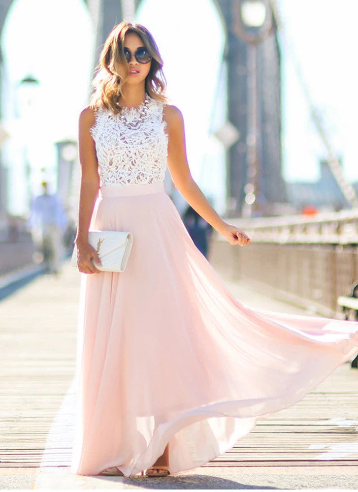 Light pink lace-bodice chiffon evening gown with sleeveless fit-and-flare skirt