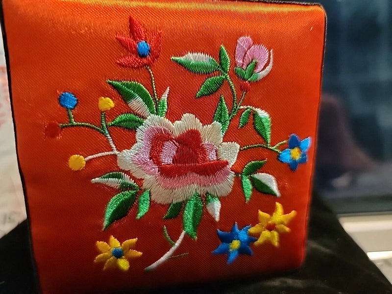 Red satin jewelry box with colorful peony and floral embroidery front panel