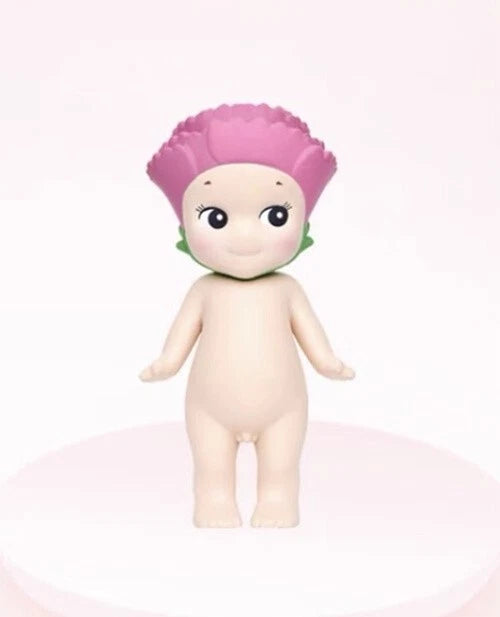 Carnation flower mini figure toy with pink head bloom and beige body, green leaf collar