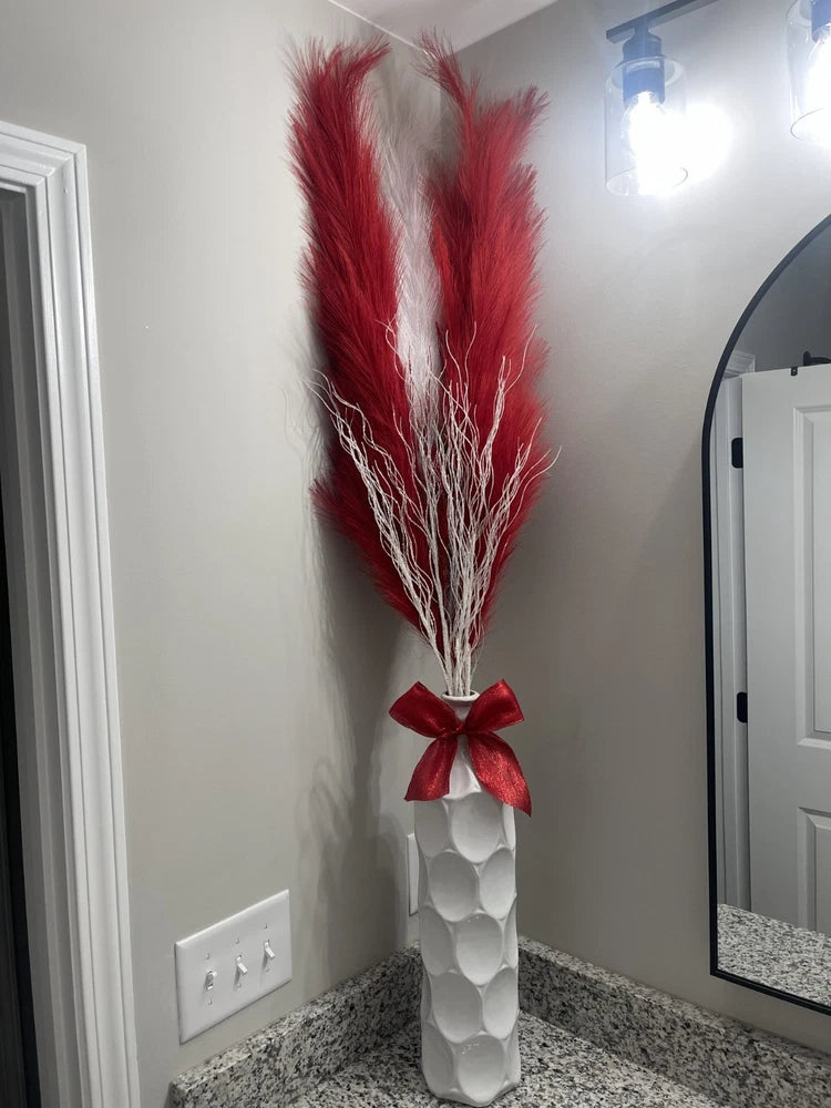 Red & White Christmas Pampas Arrangement in Ceramic Vase | 58" Holiday Decor Pampas Grass