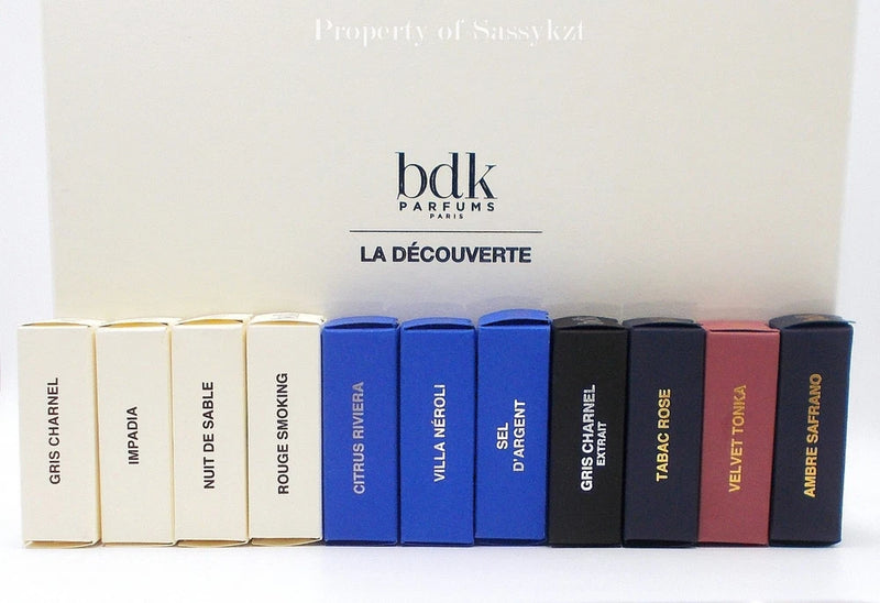BDK Parfums boxed 2 ml eau de parfum sample set, assorted colored boxes