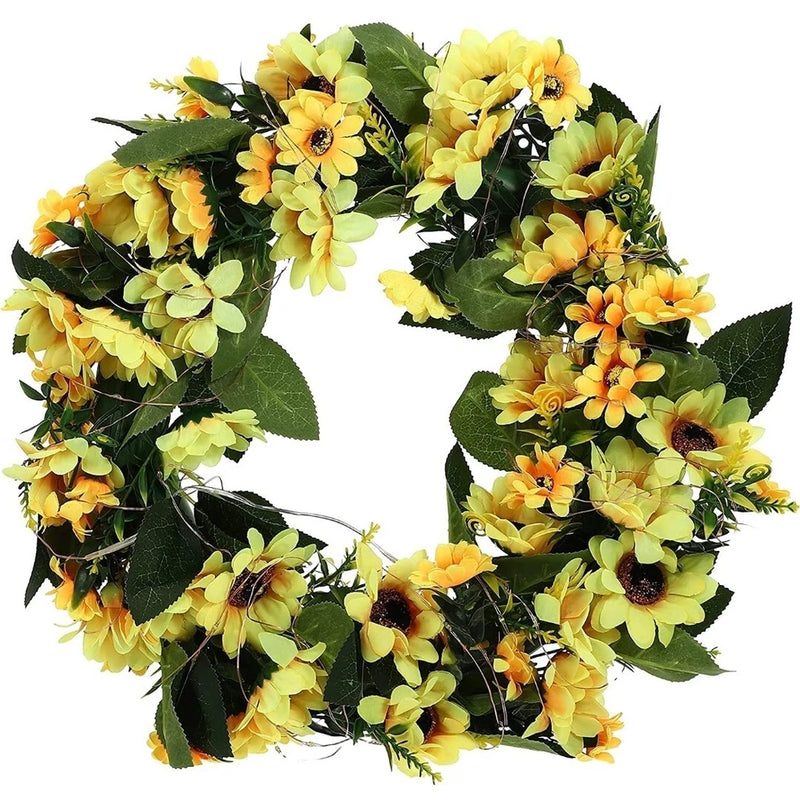 12-inch artificial sunflower wreath with yellow blooms and green leaves