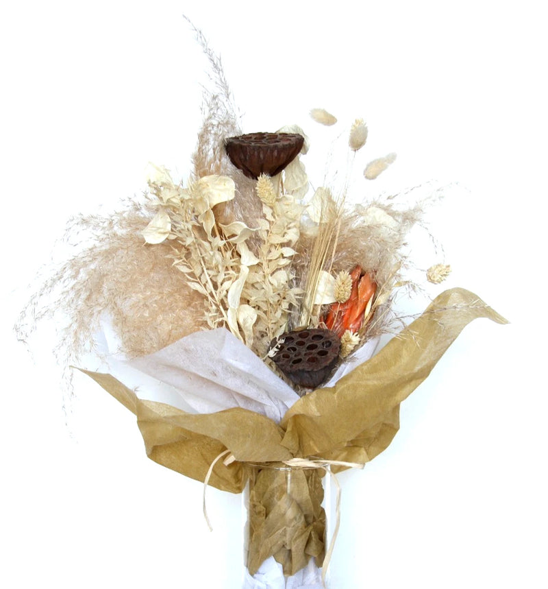 Dried floral arrangement in vase with beige and brown dried flowers, boho bouquet