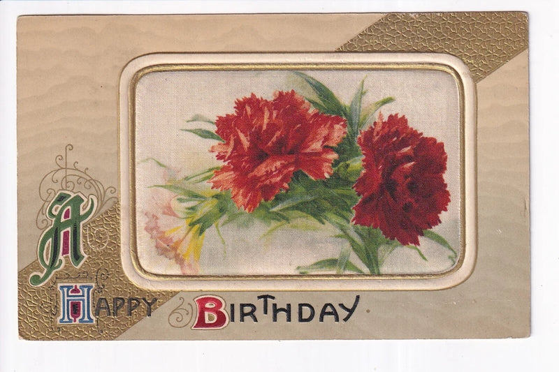 Happy birthday greeting card with red carnation flowers and green leaves