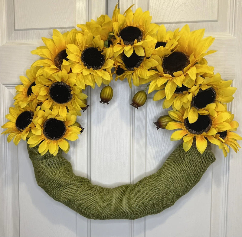 18-inch handmade sunflower wreath with green burlap base and yellow blooms with dark centers