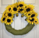 18'' Sunflower Grapevine Wreath Handmade With Green Burlap Detail New Sunflower
