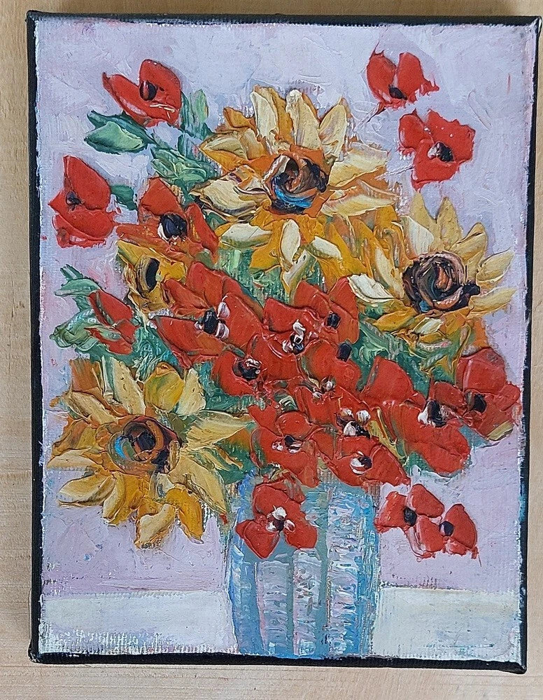 Framed oil on canvas painting with yellow sunflowers and red poppies in a light blue vase