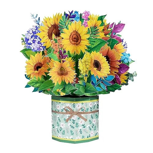 3D sunflower pop-up greeting card with colorful bouquet emerging from a patterned cylinder