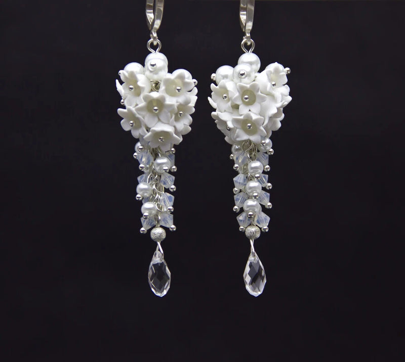 Handmade Silver Plated Wedding Earrings Polymer Clay Earrings Lily Of the Valley Lily