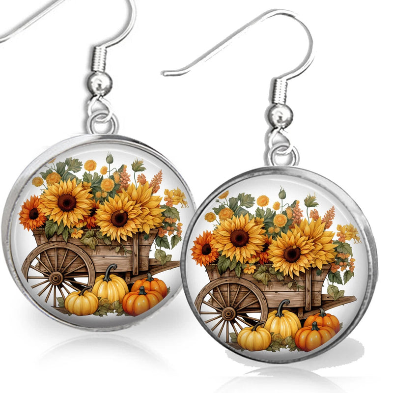 Retro Sunflower Cart Pumpkins Fall Harvest Autumn Thanksgiving Jewelry Gifts Sunflower