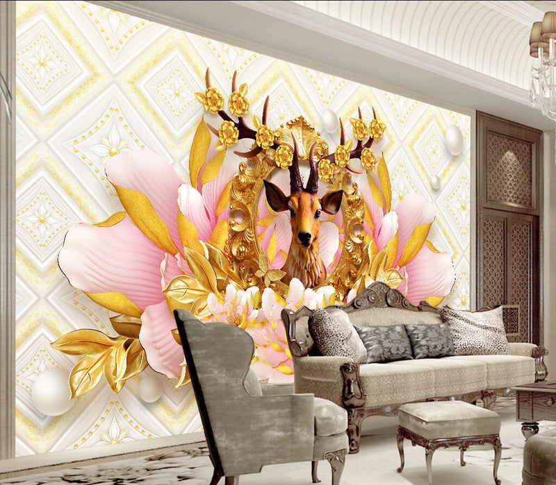 3D Peony Flower Deer ZHUA029 Wallpaper Wall Murals Removable Self-adhesive Amy Peony