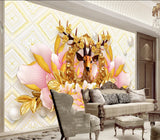 3D Peony Flower Deer ZHUA029 Wallpaper Wall Murals Removable Self-adhesive Amy Peony