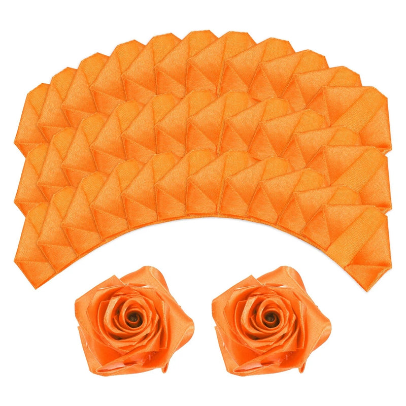 Orange satin rose petal set with curved fan of petals and two ribbon roses
