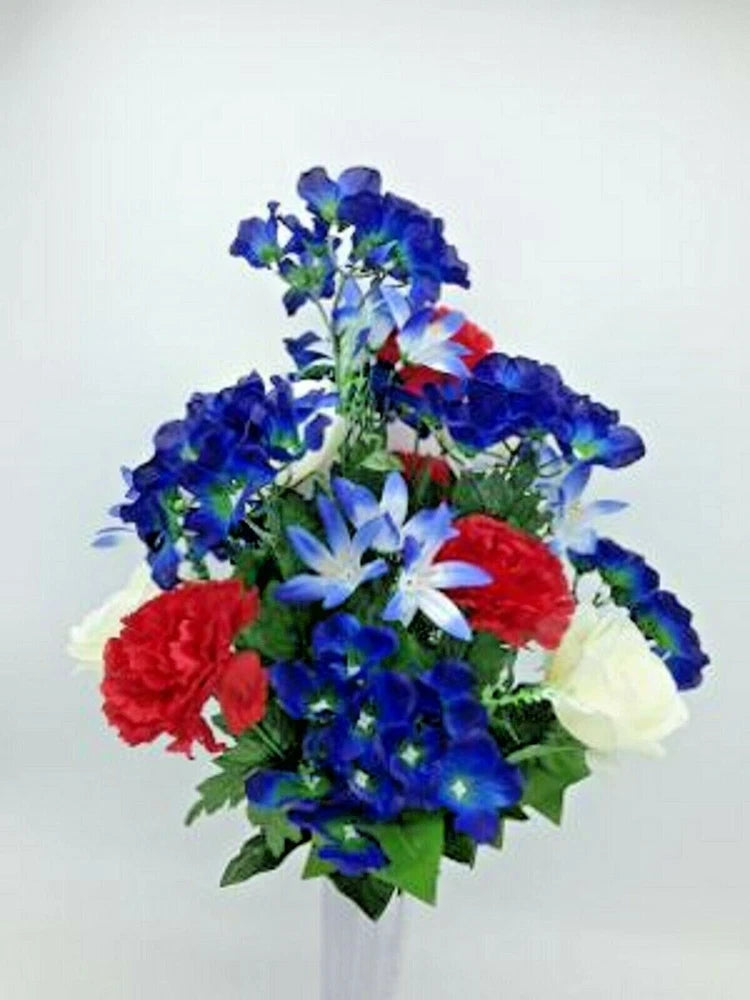 Silk Flower Cemetery Vase Rose Carnation USA Red-White-Blue Carnation