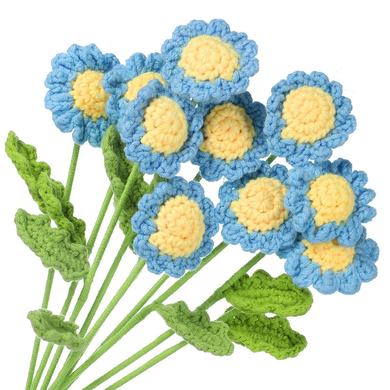 10 Pcs Crochet Flower Handmade Knitted Small Potted Daisy with Stem Blue Daisies