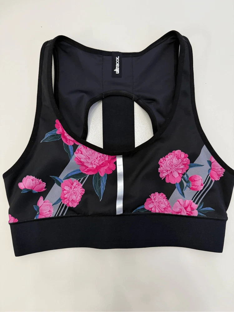 Ultracor Black Pink Carnation Flower Floral Stripe Luna Racerback Sports Bra S Carnation