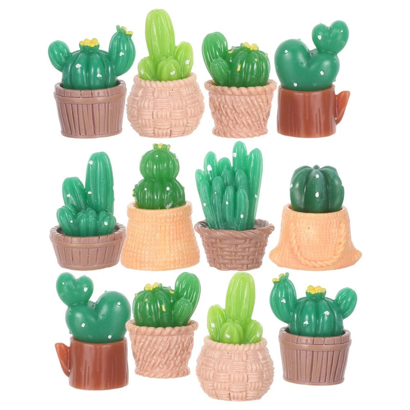 Set of mini artificial resin cactus figurines in assorted pots, green.