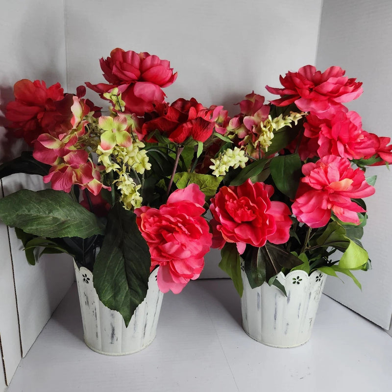 Artificial peony flower arrangement set of 2 in white metal pots with pink blooms