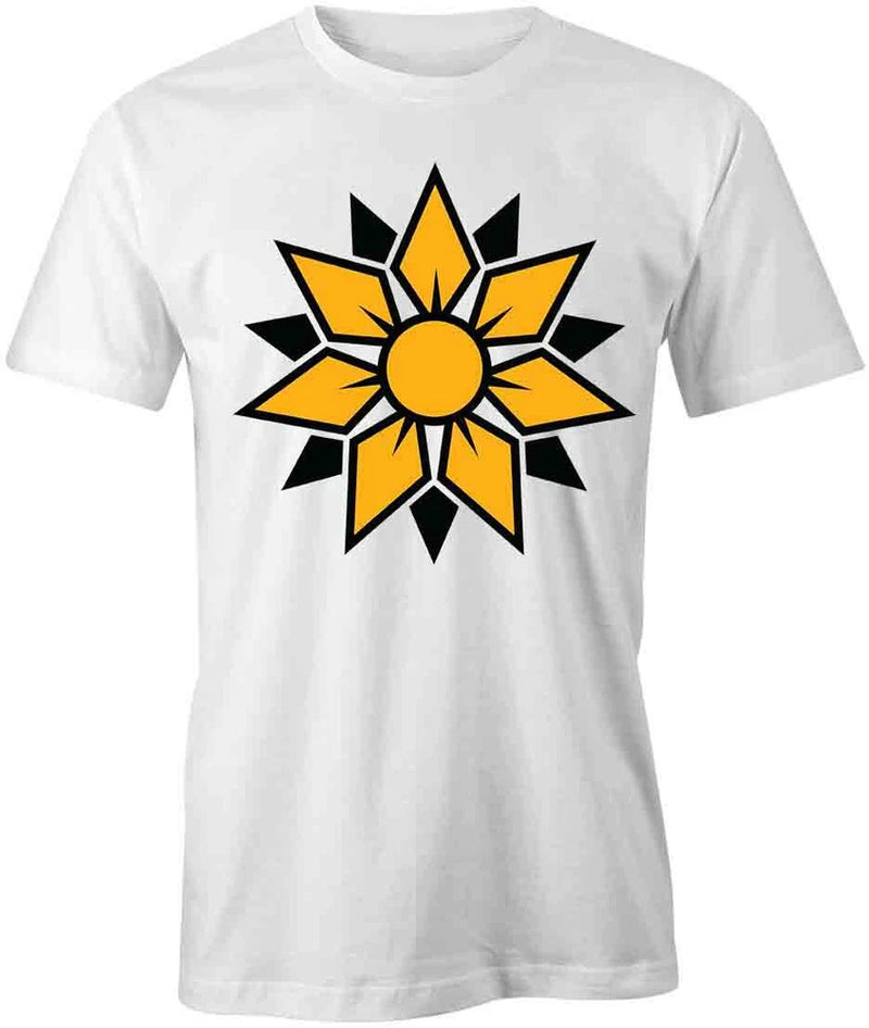 White cotton crew-neck T-shirt with large sunflower graphic on front