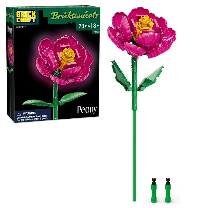 Artificial peony flower building kit with pink petals, yellow center, and green stem