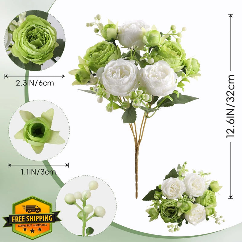 Floweroyal 4 Bunches Green Silk Peony Flowers, Wedding Party Bouquet Peony