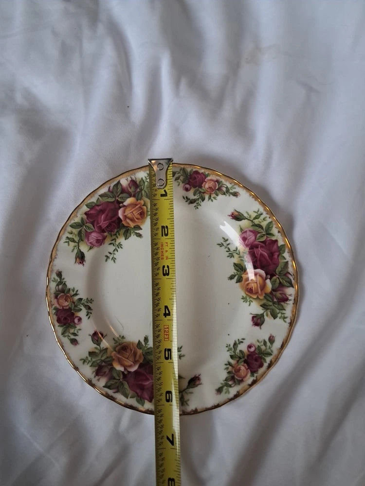 Floral bread and butter plate with gold rim, Old Country Roses pattern, with ruler for size