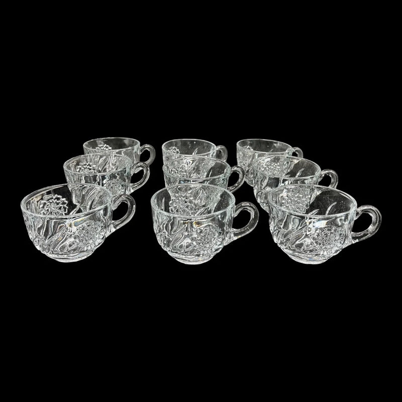 Set of 9 EAPG New Martinsville Glass Clear Carnation Pattern Punch Cup c. 1920s Carnation