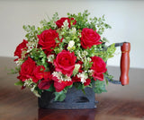 Vintage Coal Iron with Silk Red Real Touch Roses, Hydrangeas and Wildflowers Hydrangea