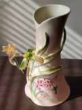 Floral Porcelain Vase with 3D acrylic Lily Flower and Hummingbird Unmarked 8" Lily