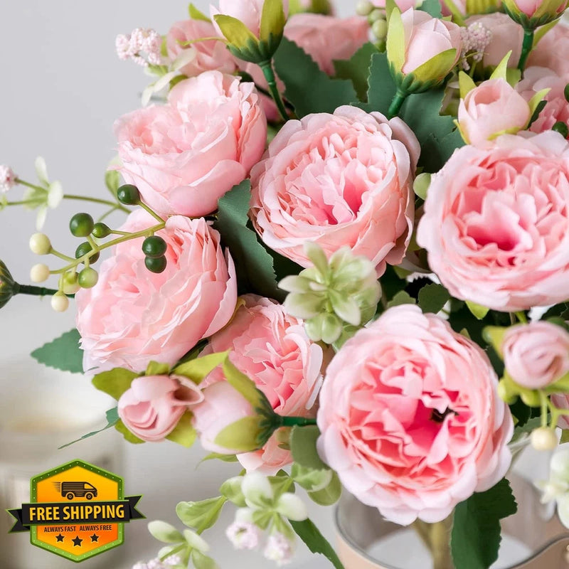 Floweroyal 4 Bunches Pink Silk Peony Flowers, Wedding Party Bouquet Peony