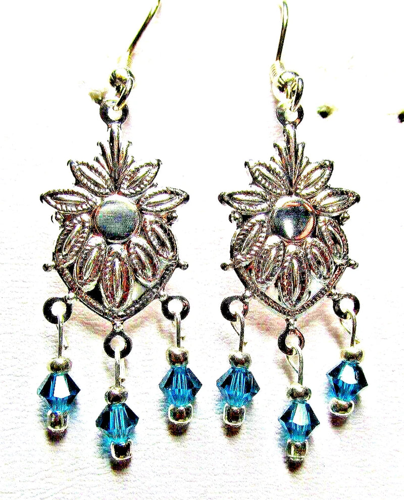 Silver-tone sunflower chandelier earrings with blue crystal drops and pierced hook backs