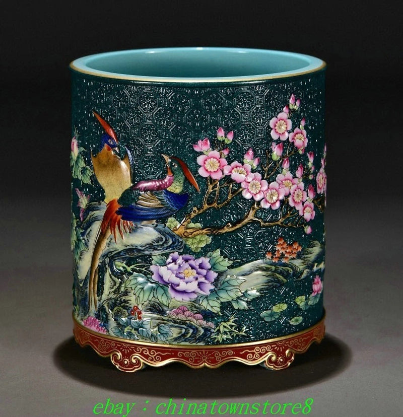 Old Famille Rose Porcelain Gilt Peony Flower Bird Poetry Brush Pot Pencil Holder Peony