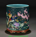 Old Famille Rose Porcelain Gilt Peony Flower Bird Poetry Brush Pot Pencil Holder Peony