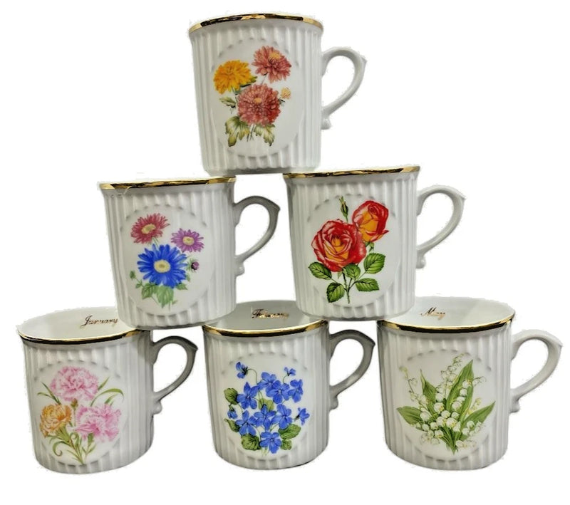 YOU CHOOSE Vintage Porcelain Birth Flower Month Coffee Tea Mug Cup GOLD TRIM Carnation
