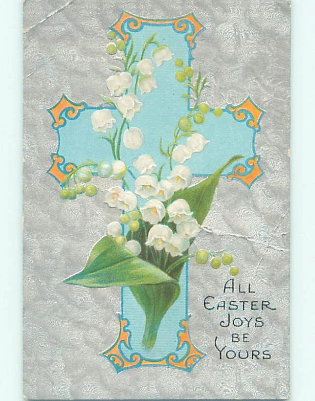 Religious Easter banner: blue cross with white lily flowers and 'All Easter Joys' text