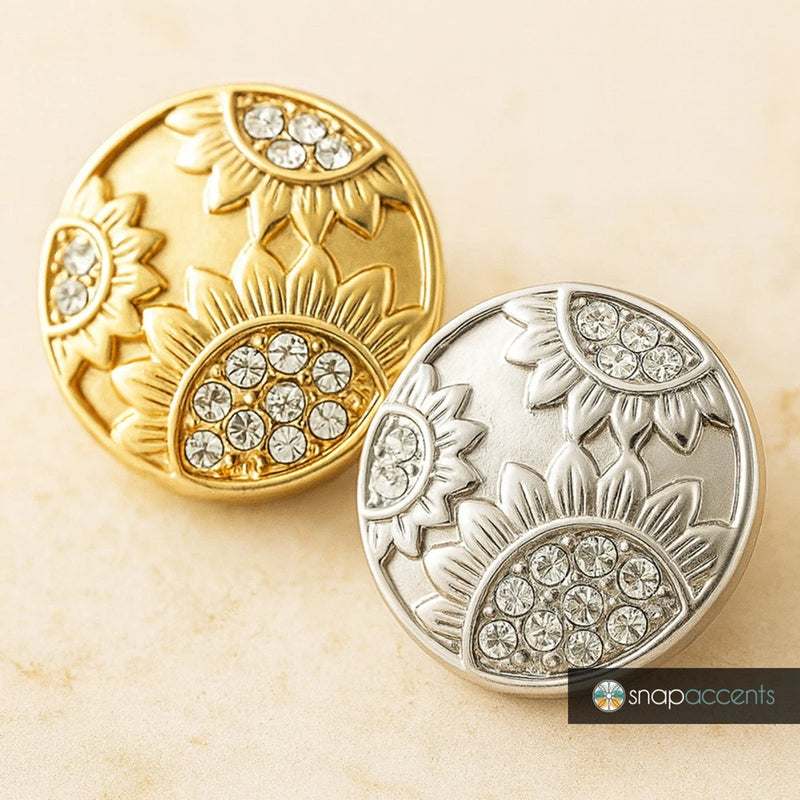 Sunflower snap jewelry charm, gold and silver tone round with rhinestone center and petals
