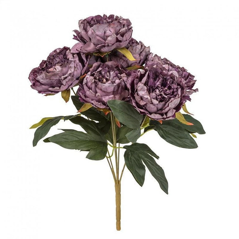 Artificial purple peony bouquet with open blooms and green leaves on a wrapped stem