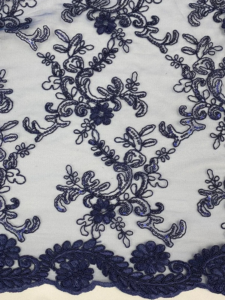 Navy Blue corded Floral lace with sequin Fabric Sold By Yard 52" Wide Elena Flowering Plants