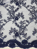 Navy Blue corded Floral lace with sequin Fabric Sold By Yard 52" Wide Elena Flowering Plants