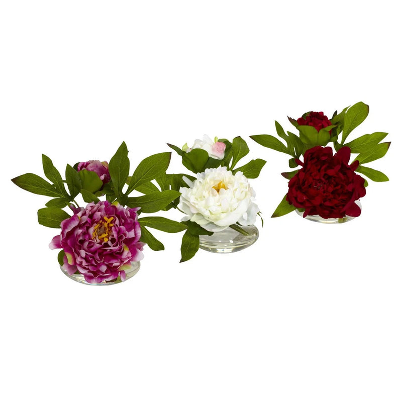 Set of 3 artificial peony arrangements in clear glass vases with purple, white, and red blooms