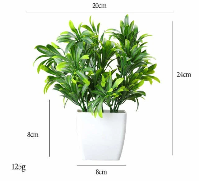 Artificial green potted eucalyptus and bluegrass plant in white pot with dense leaves