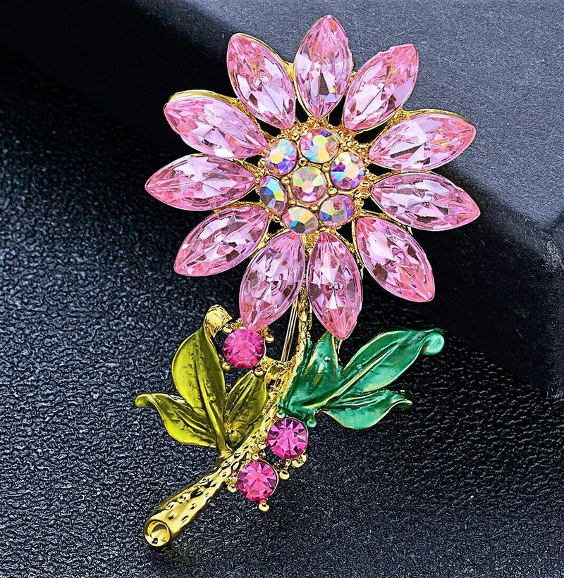 Charming SUN FLOWER Daisy Rhinestone Enamel Vintage Inspired Style Brooch Pink Daisies