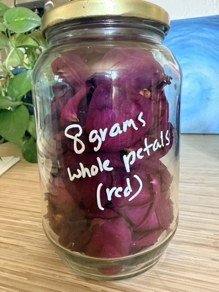 Dried red rose petals in glass jar, 8 grams whole petals (red)