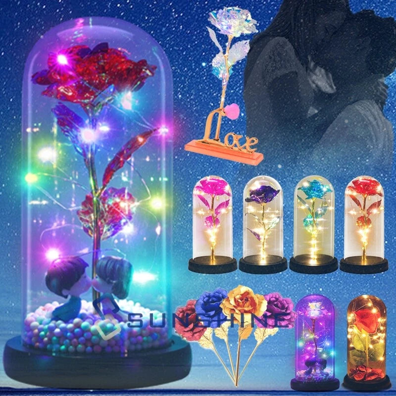 LED galaxy rose in clear glass dome with starry multicolor lights on black base