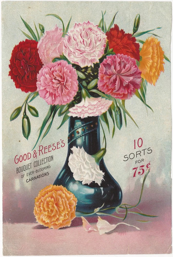 Antique-style flower bouquet print with pink and red carnations and roses in a blue vase