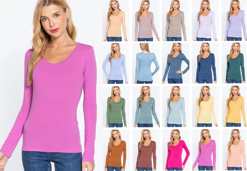Women's scoop-neck long-sleeve cotton T-shirt, fitted knit top in bright pink