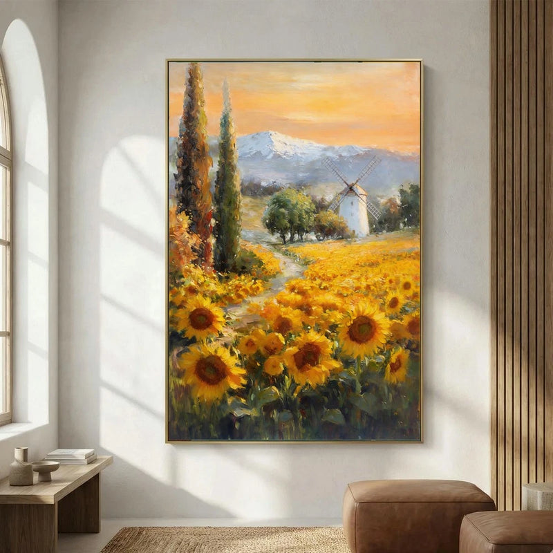 Sunflower landscape canvas wall art with oil-painting style flowers and fields